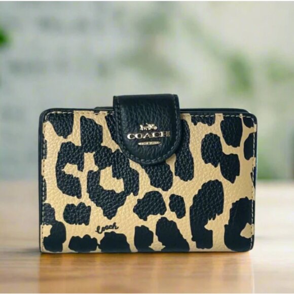 Coach Medium Corner Zip Wallet CBT25 Leopard Pebble Leather Brown ID Compact - Picture 1 of 7